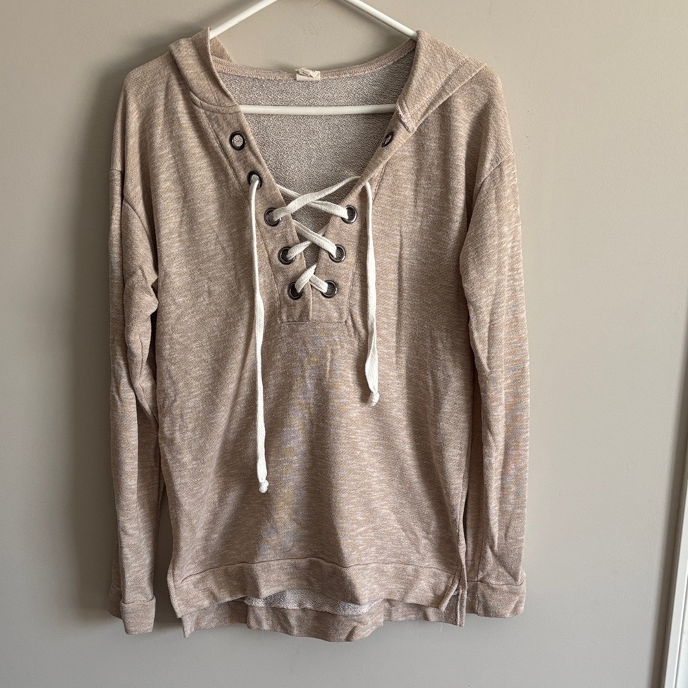 Ijoah Lace-Up Hooded Pullover Top in Beige